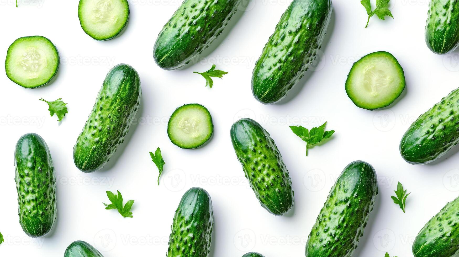 A collection of fresh cucumbers, both whole and sliced, are beautifully arranged on a clean white background, enhanced by scattered parsley leaves for added freshness photo
