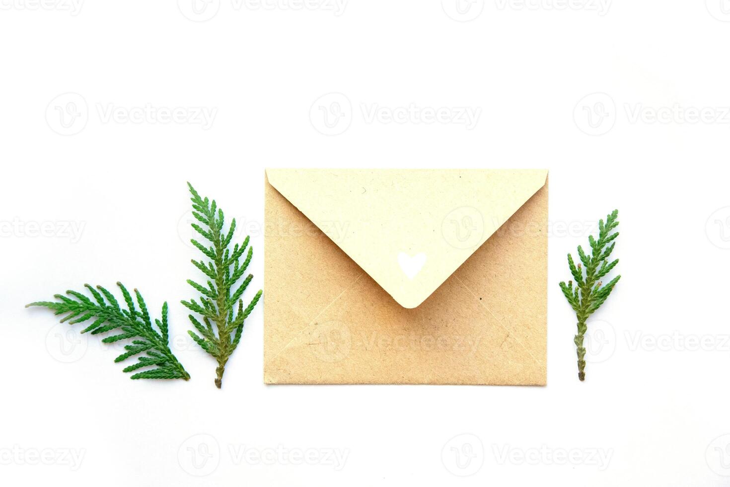 A simple brown envelope surrounded by fresh green foliage against a white background, perfect for seasonal greetings or invitations photo