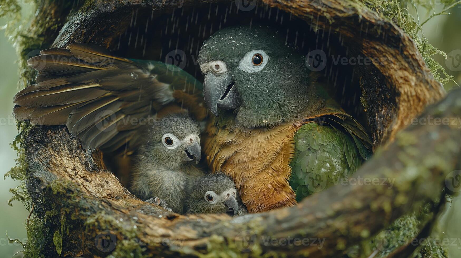 Close-Up of a Green Parrot Family Nestled in a Cozy Nest photo