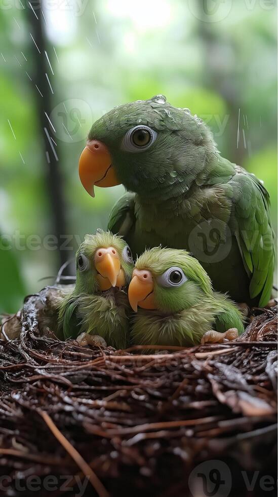 Green Parrot Parent Sheltering Babies in the Rain photo