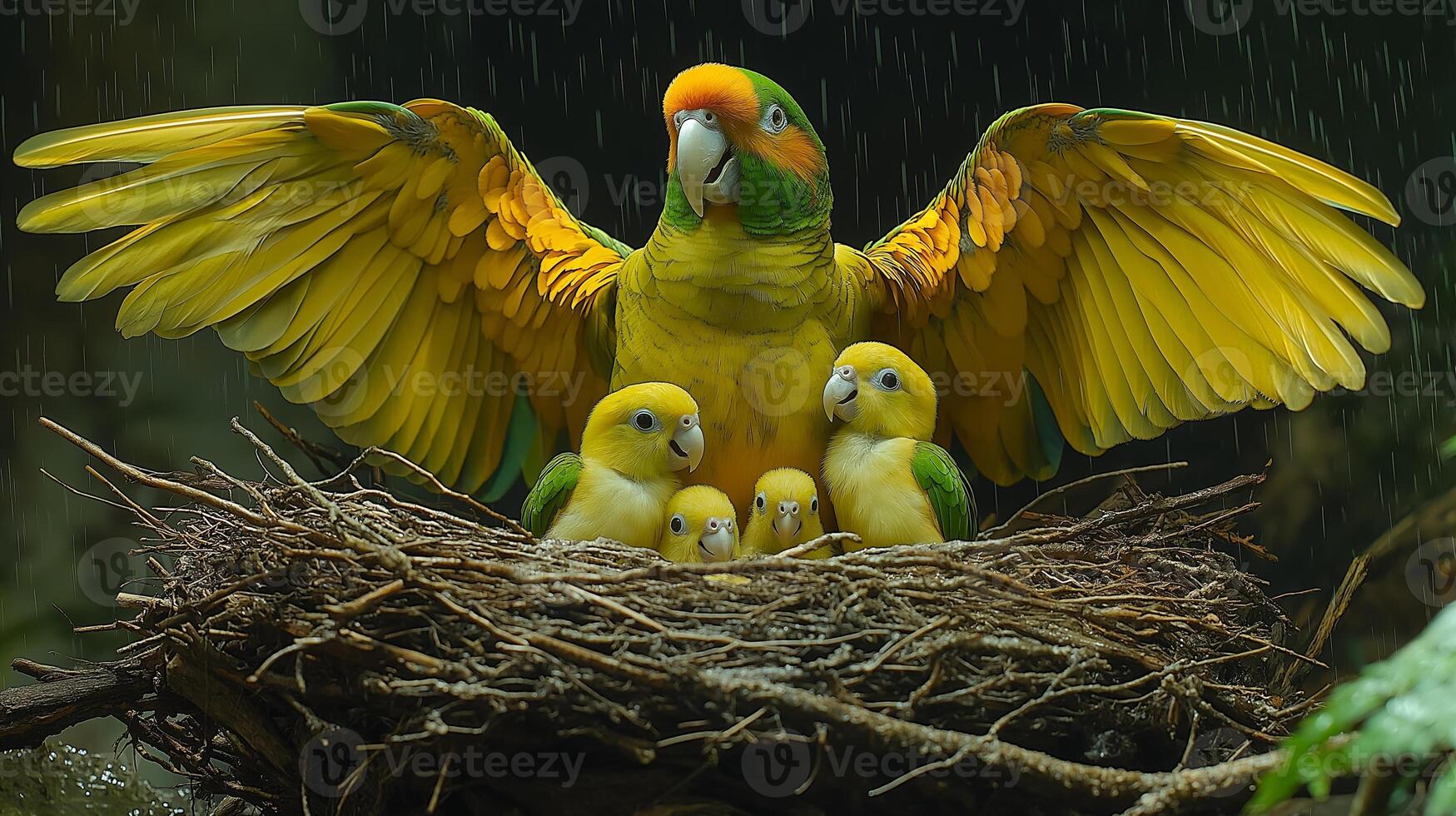 Parrot Family Huddling Under Rain Drops in the Forest photo