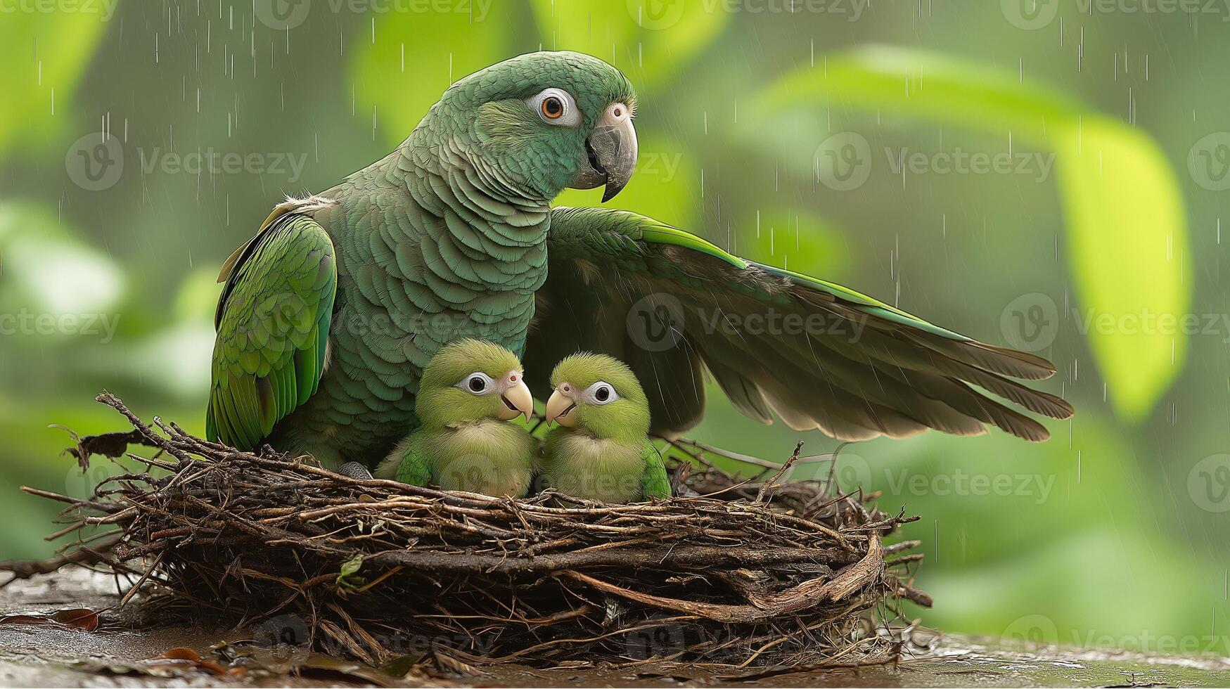 Green Parrot Parent Sheltering Babies in the Rain photo