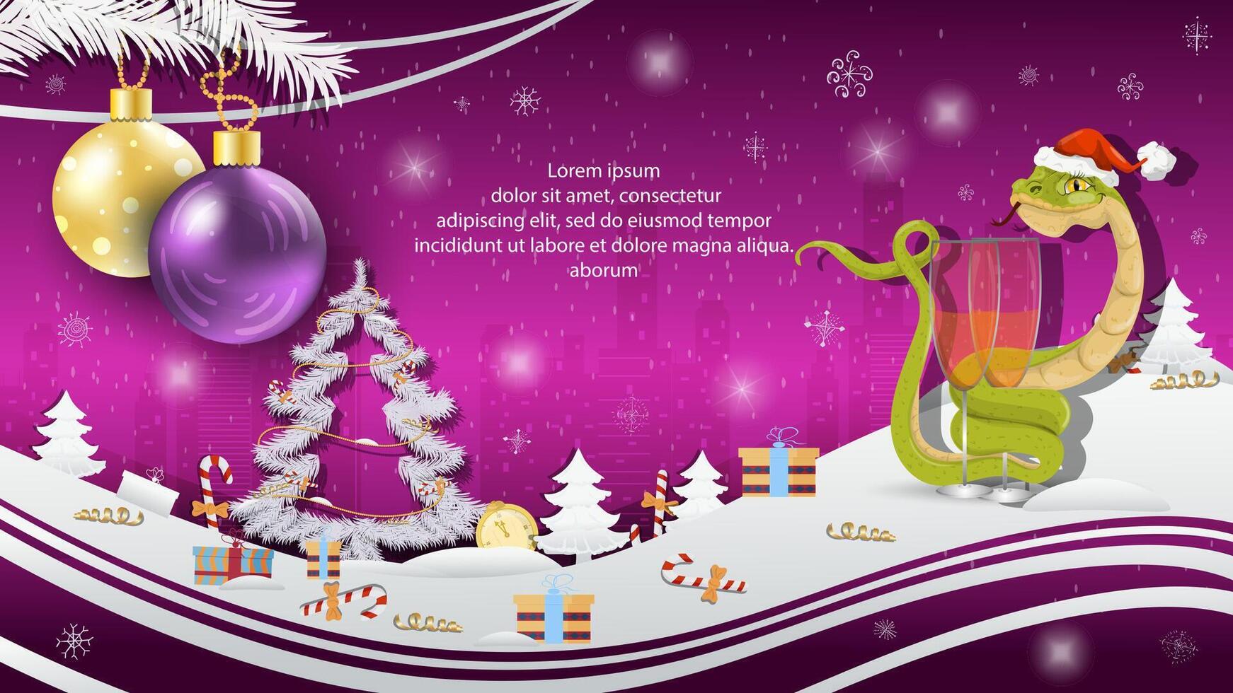 Christmas and New Year illustration Christmas tree balls on a fir tree a snake in a Santa Claus hat wraps around a glass with a drink vector