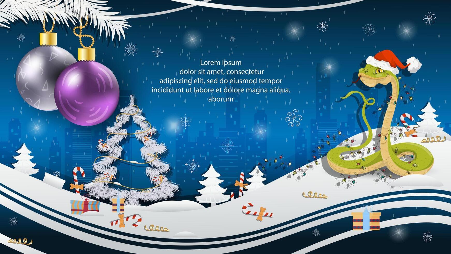 Christmas and New Year illustration Christmas tree balls on a fir tree a snake in a Santa Claus hat wrapped in a garland vector