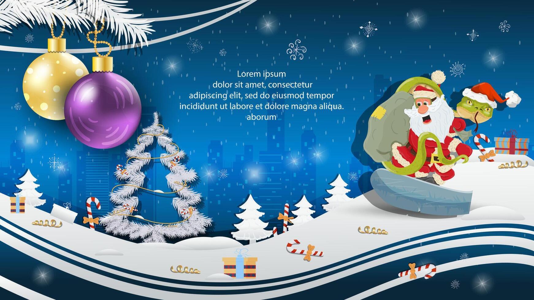 Christmas and New Year illustration Christmas balls on a fir tree a snake and Santa Claus on a snowboard vector