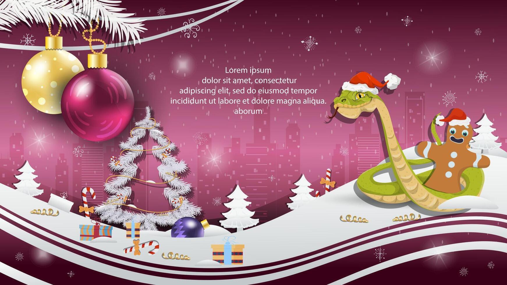 Christmas and New Years illustration with a greeting card Christmas balls hanging on tree branches a snake in a Santa Claus hat crawls out of a bag with gifts vector