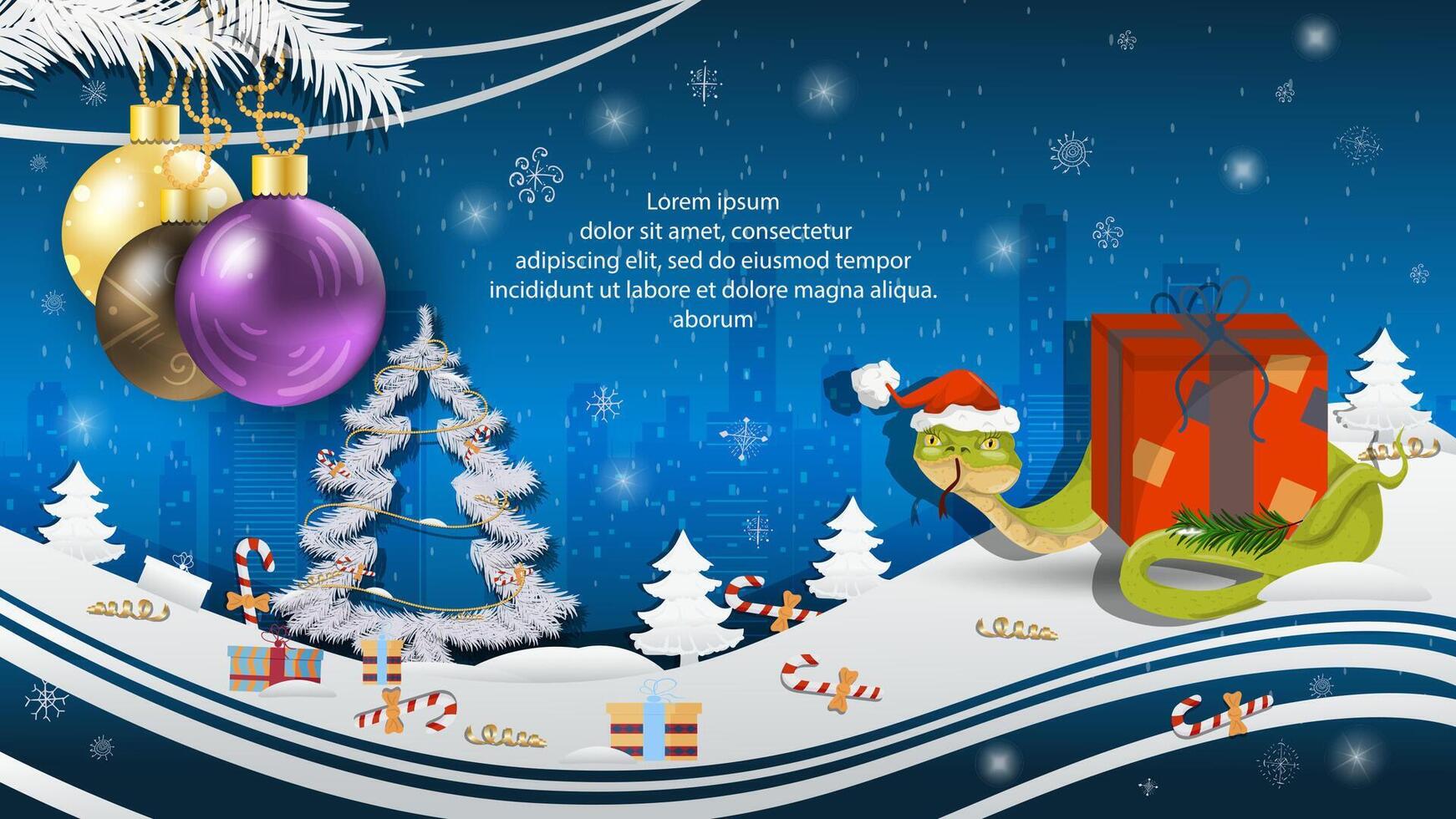 Christmas and New Year illustration Christmas tree balls on a fir tree a snake in a Santa Claus hat wraps around a gift box vector