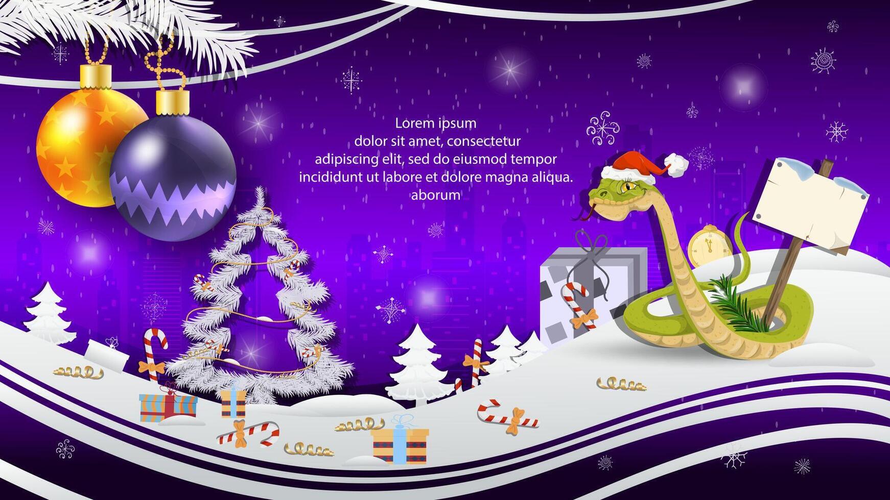 Christmas and New Year illustration Christmas balls on a fir tree a snake in a Santa Claus hat with a wooden plaque vector