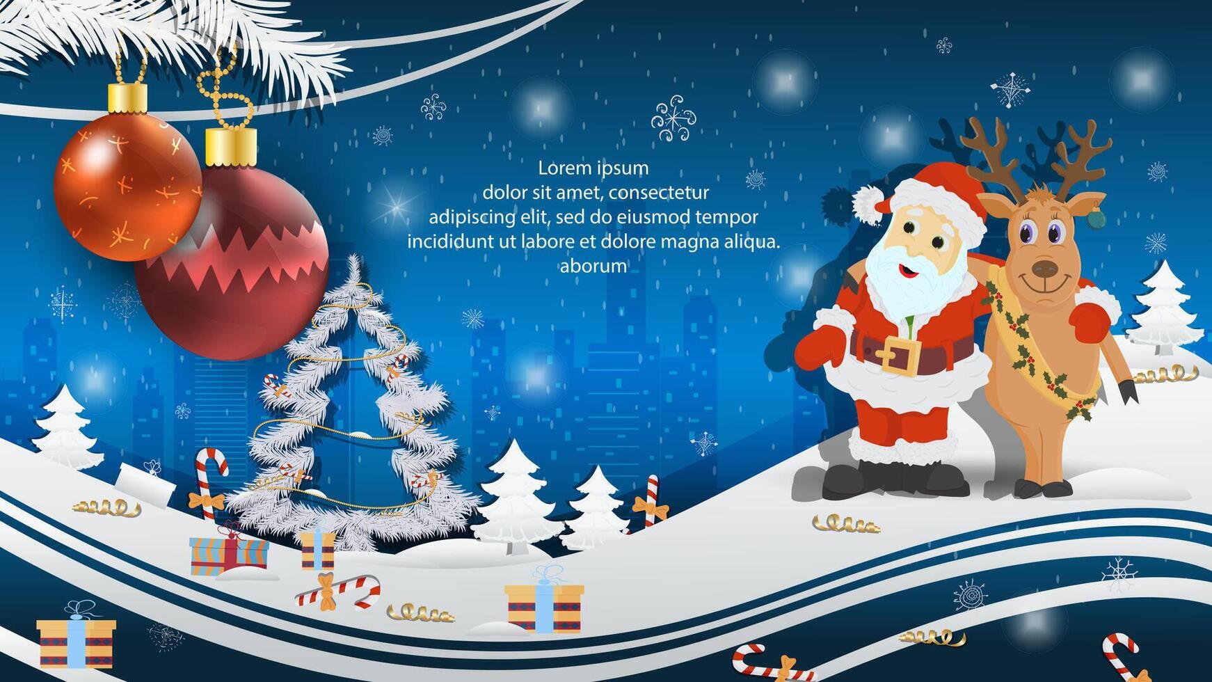 Christmas and New Year illustration Christmas tree balls on a fir tree Santa Claus and a deer hugging vector