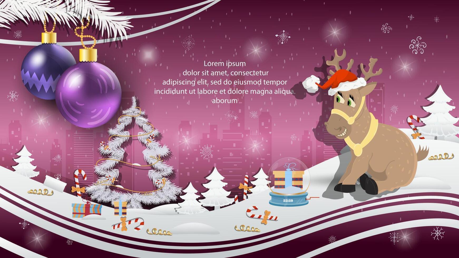 Christmas and New Year illustration Christmas balls on a fir tree a deer in a Santa Claus hat vector