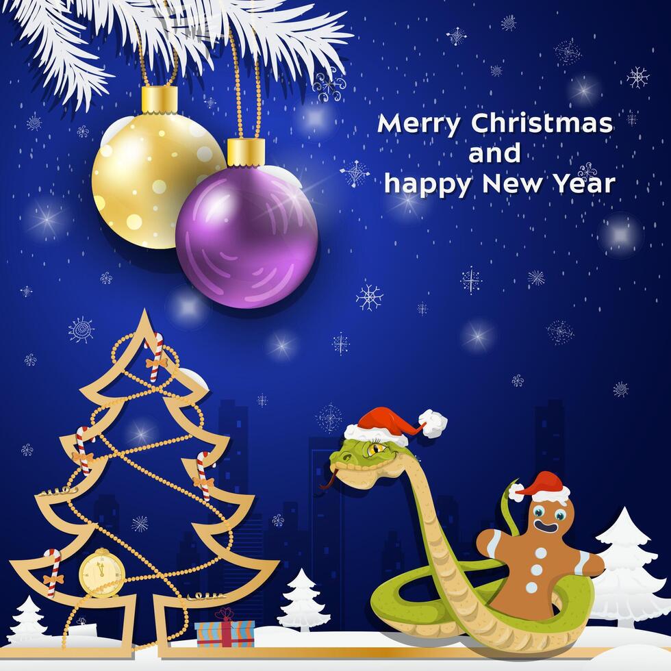Christmas and New Year greetings Christmas balls hang on tree branches A snake in a Santa Claus hat wraps around a gingerbread man vector