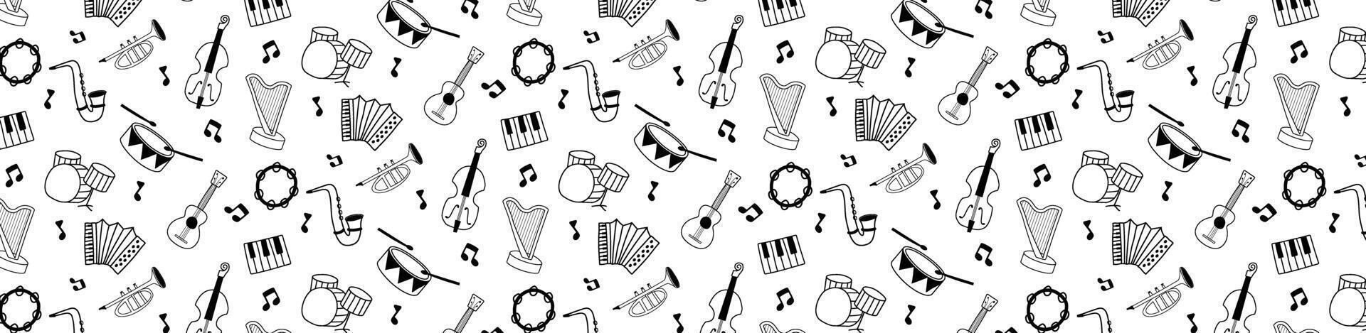 cute doodle hand drawing music instrument seamless pattern background monochrome vector