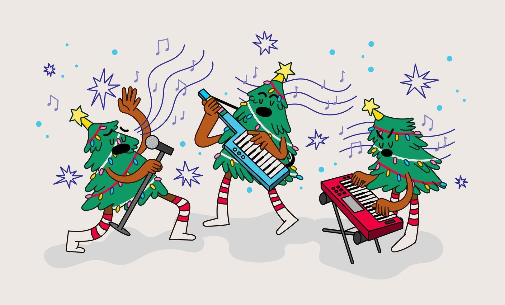 Christmas Tree Singing and Performing Music Hand Drawn Character Illustration vector