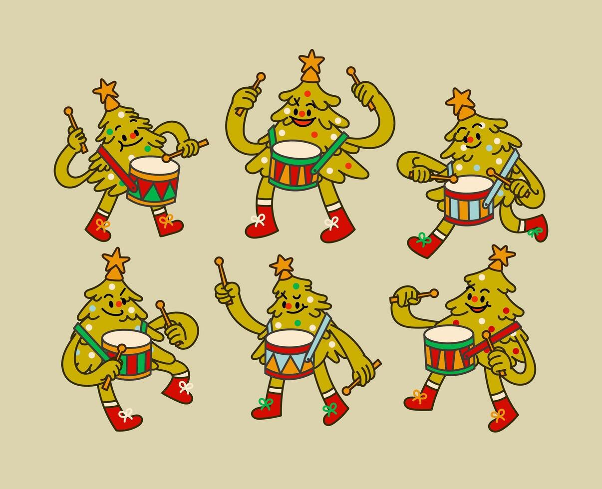 Cute Christmas Tree Playing Drum Hand Drawn Character Illustration vector