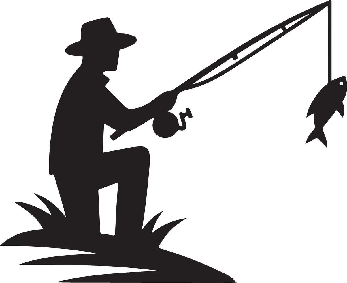 Handcrafted Silhouette Illustration of Fisherman Casting Line vector