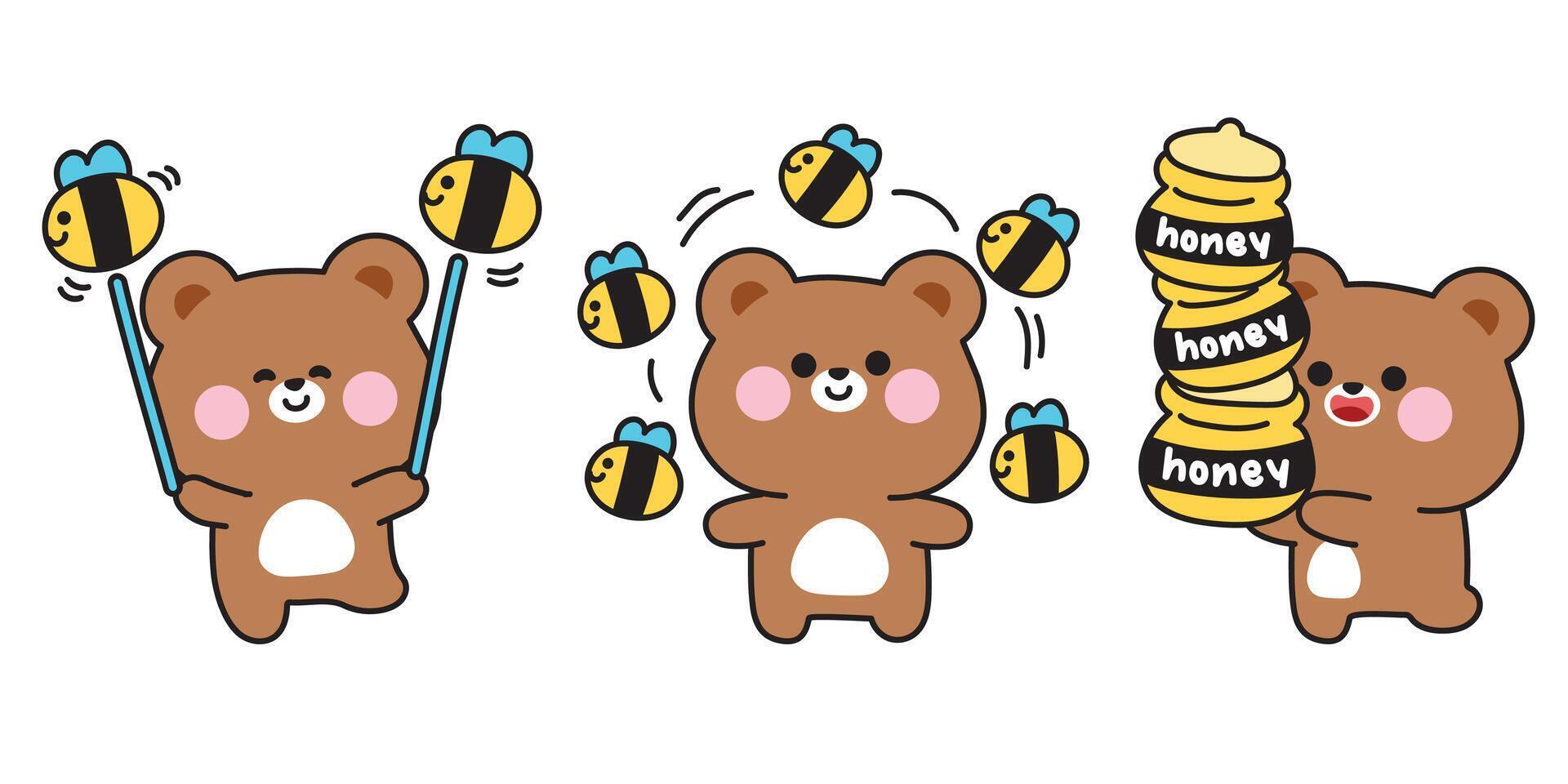 Set of cute teddy bear with bee and honey in various poses.Aerobics.Circus.Theme park.Wild animal character cartoon.Kawaii.Illustration. vector