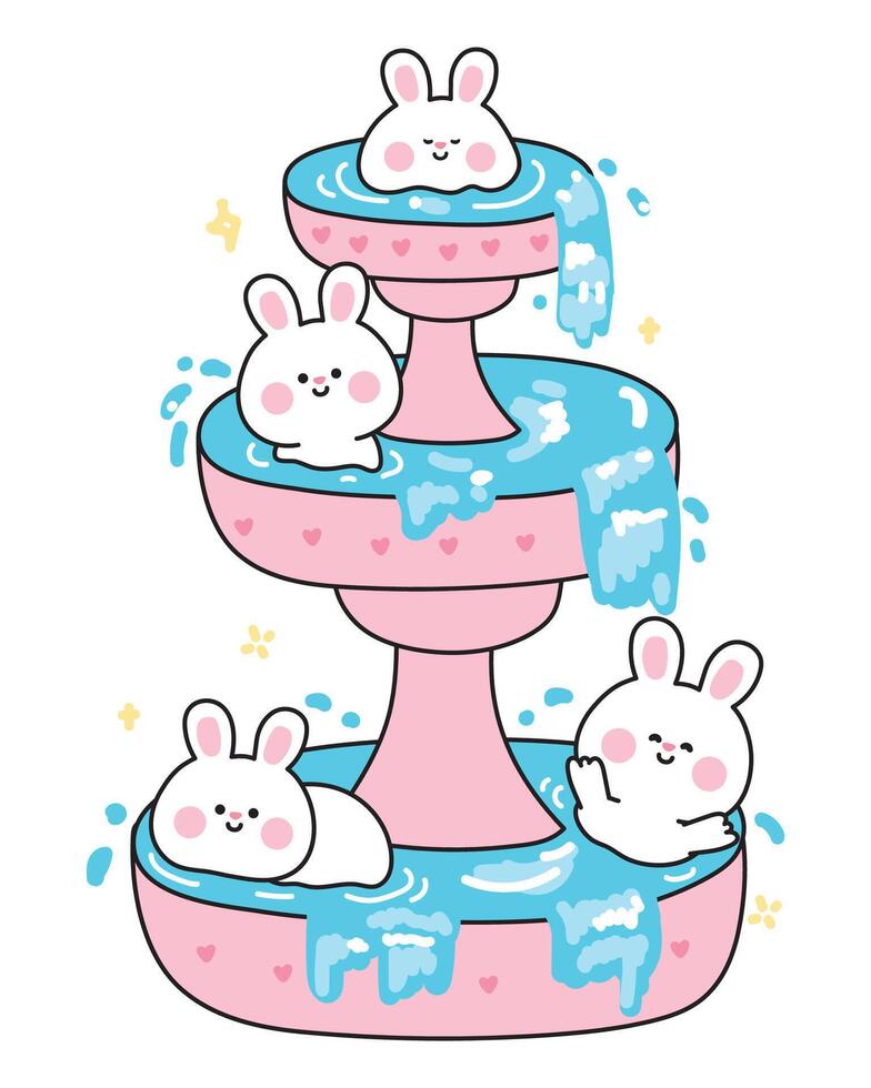 Cute tiny rabbits stay in fountain.Have fun.Swimming pool.Bunny.Easter.Rodent animal character cartoon design.Kawaii.Illustration. vector