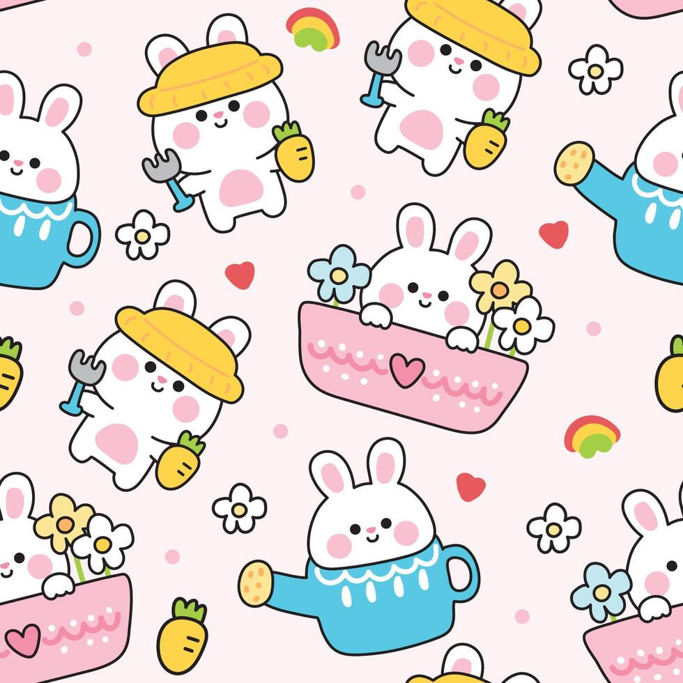Seamless pattern of cute rabbit in farm concept background.Rabbit stay in flower plant pots and watering can.Carrot and hoe.Rodent animal character cartoon design.Kawaii.Illustration. vector
