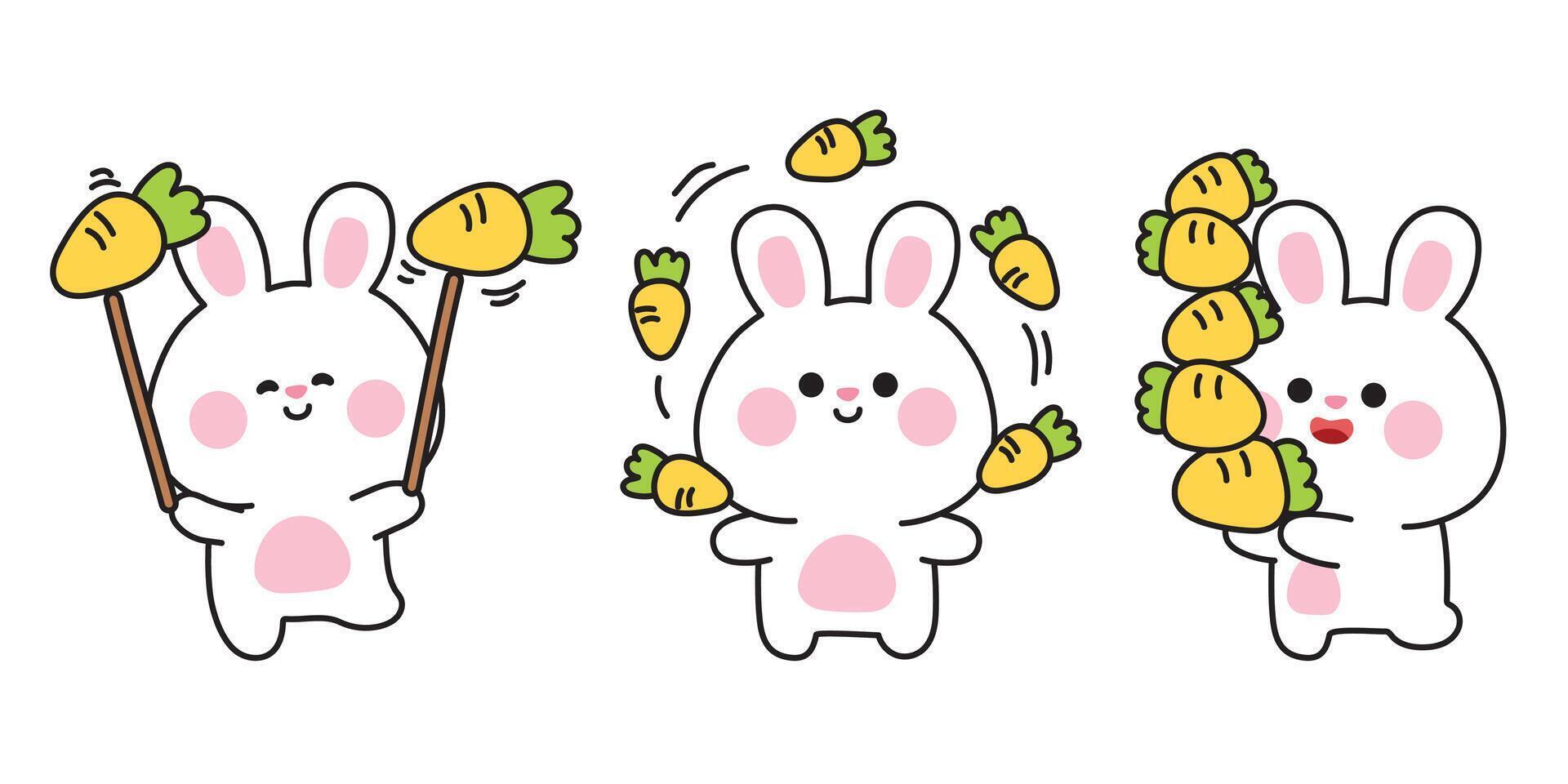 Set of cute rabbit with carrot in various poses.Easter.Aerobics.Circus.Theme park.Rodent animal character cartoon.Kawaii.Illustration. vector