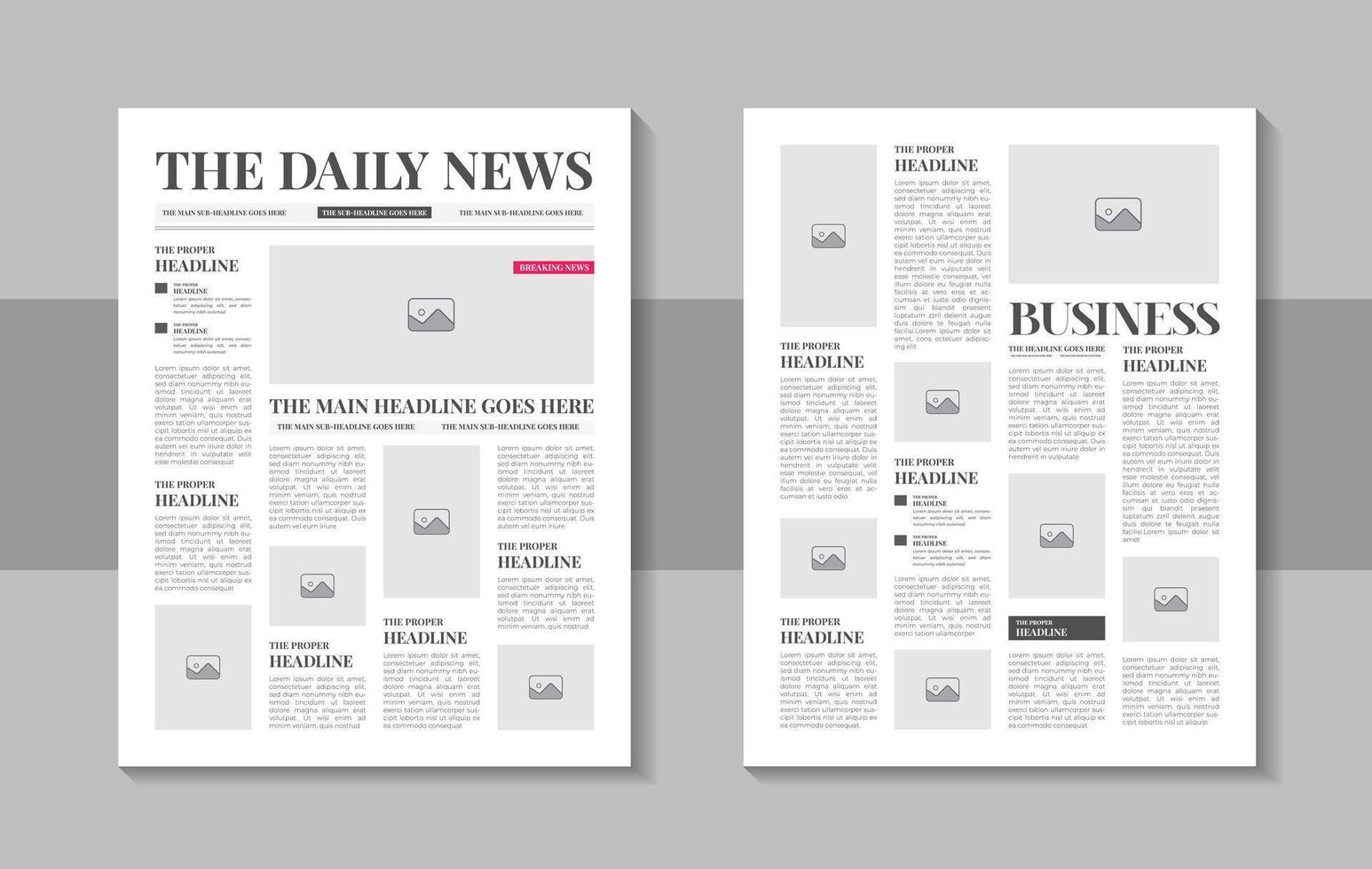 Newspaper mockup. Vintage press grid with pressed text and cover, daily tabloid layout design with press sheets vector