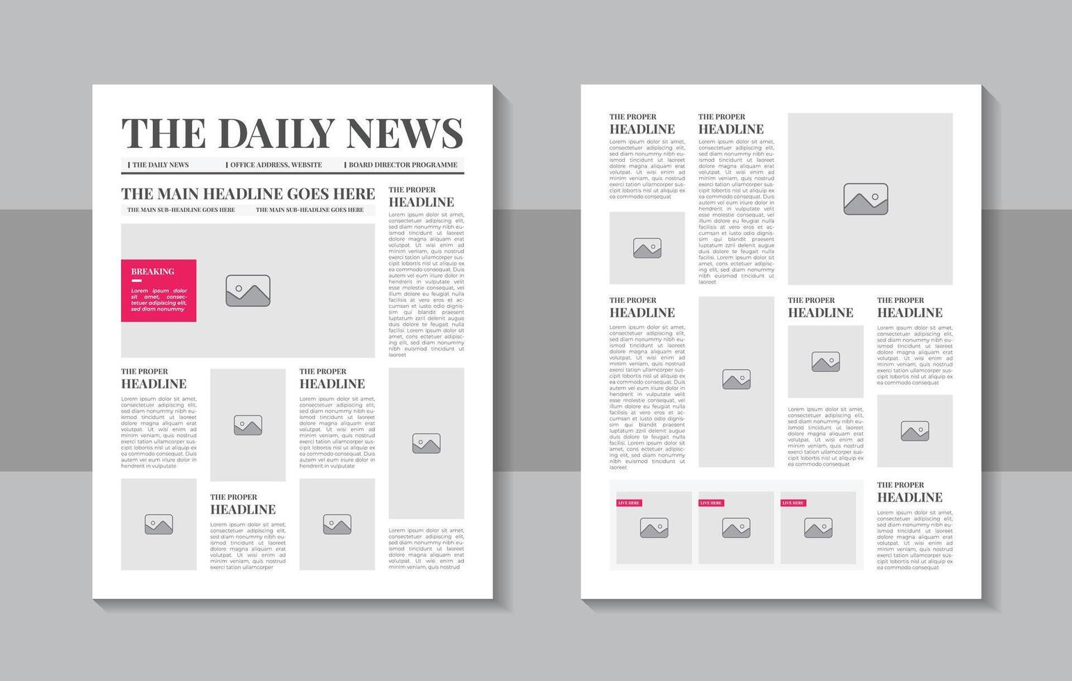 Newspaper Cover Set . Abstract News Template. Blank Page Spaces For Images. Breaking. Realistic Pages Template. Page Layout vector
