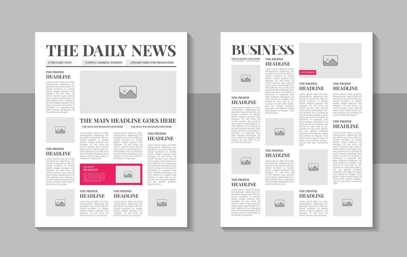 Newspaper template. Retro newspapers page, old news headline and journal pages illustration layout vector