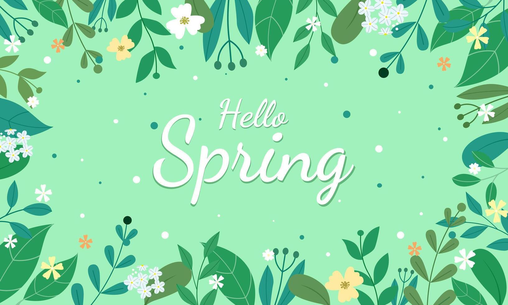 Hello spring frame and green plants set. vector