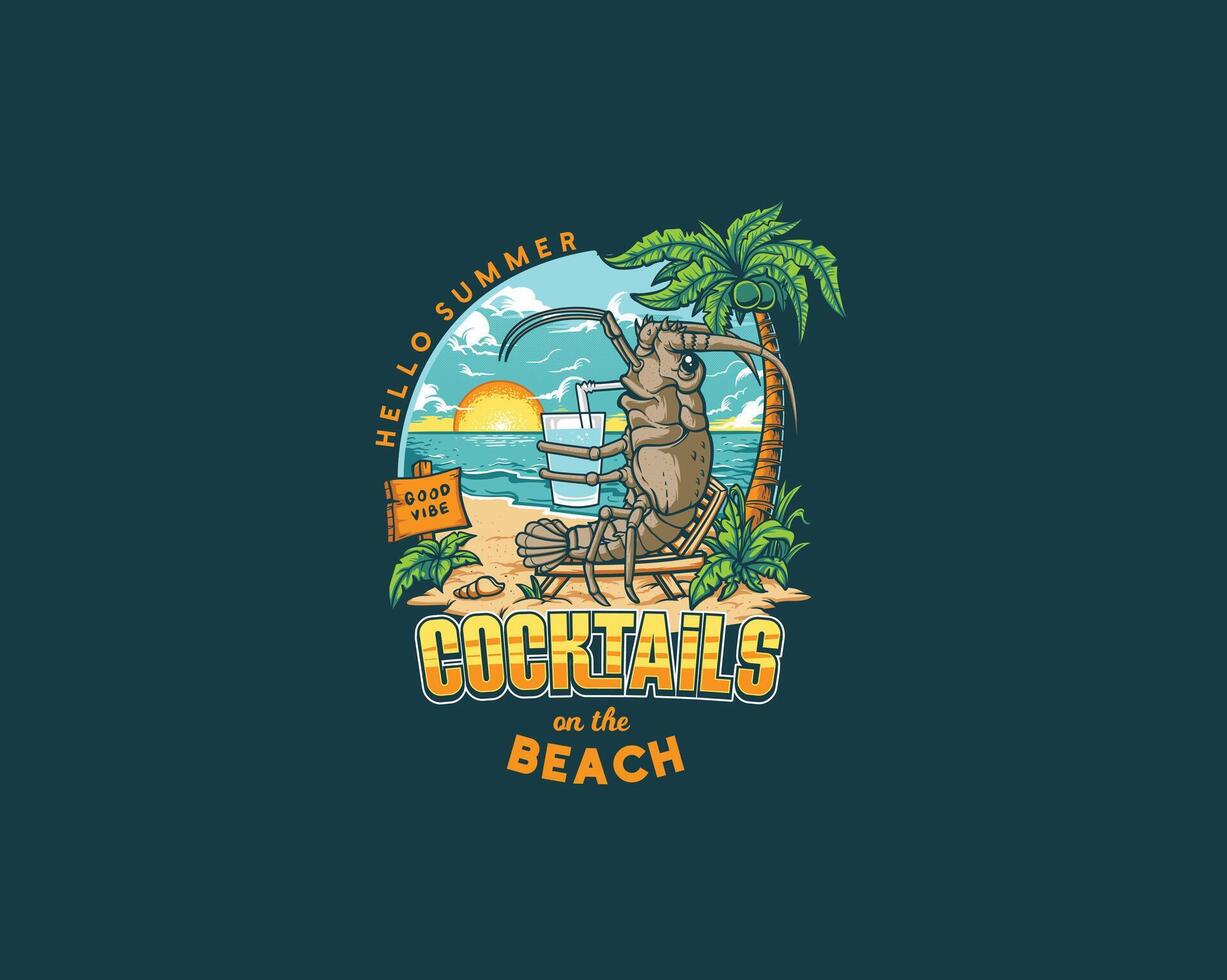 Lobsters Drinking Cocktails On The Beach vector