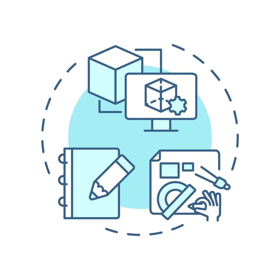 Model creating soft blue concept icon. Reverse engineering process. 3d modeling. Computer-aided design. Round shape line illustration. Abstract idea. Graphic design. Easy to use in article vector