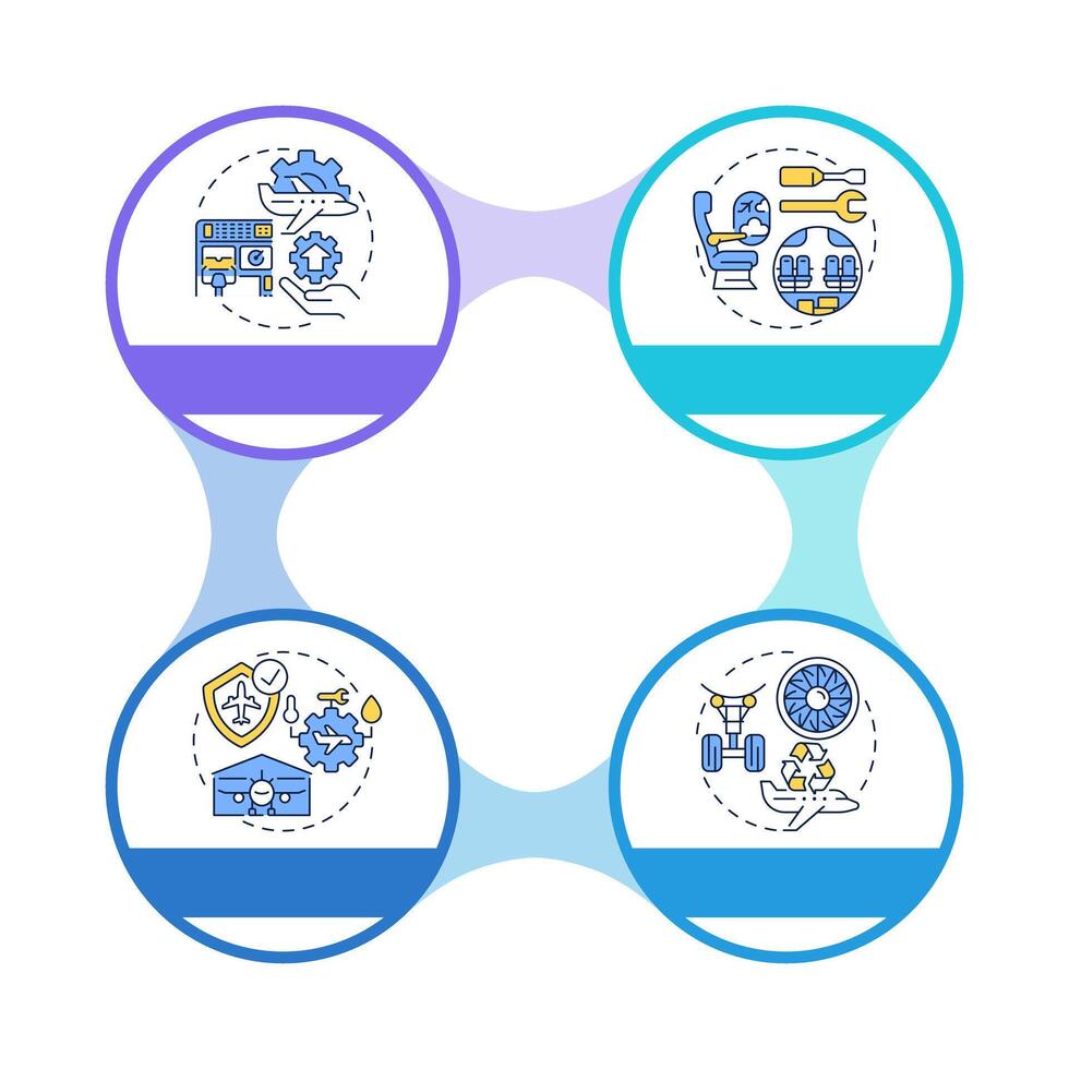 Airplane maintenance organization infographic circles flowchart. Airline management, engineering. Visualization diagram with 4 steps. Circular info graphic editable vector