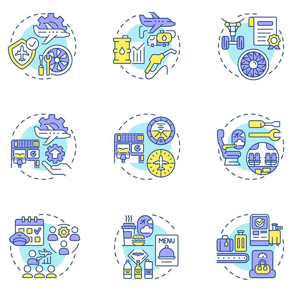 Aviation services multi color concept icons. Airline management, avionics. Crew training, certification. Icon pack. Round shape illustrations for infographic. Abstract idea vector