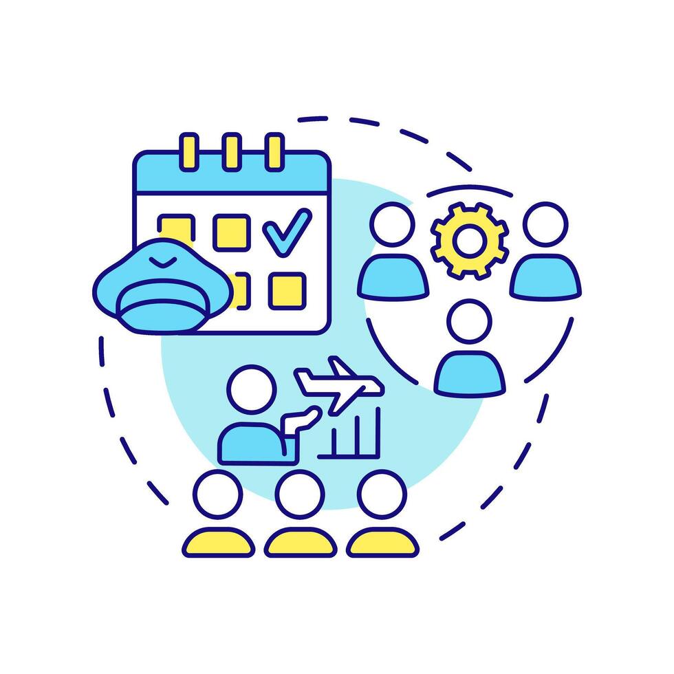 Pilot crew management multi color concept icon. Aircraft personnel, professional. Aviation services. Round shape line illustration. Abstract idea. Graphic design. Easy to use in infographic vector