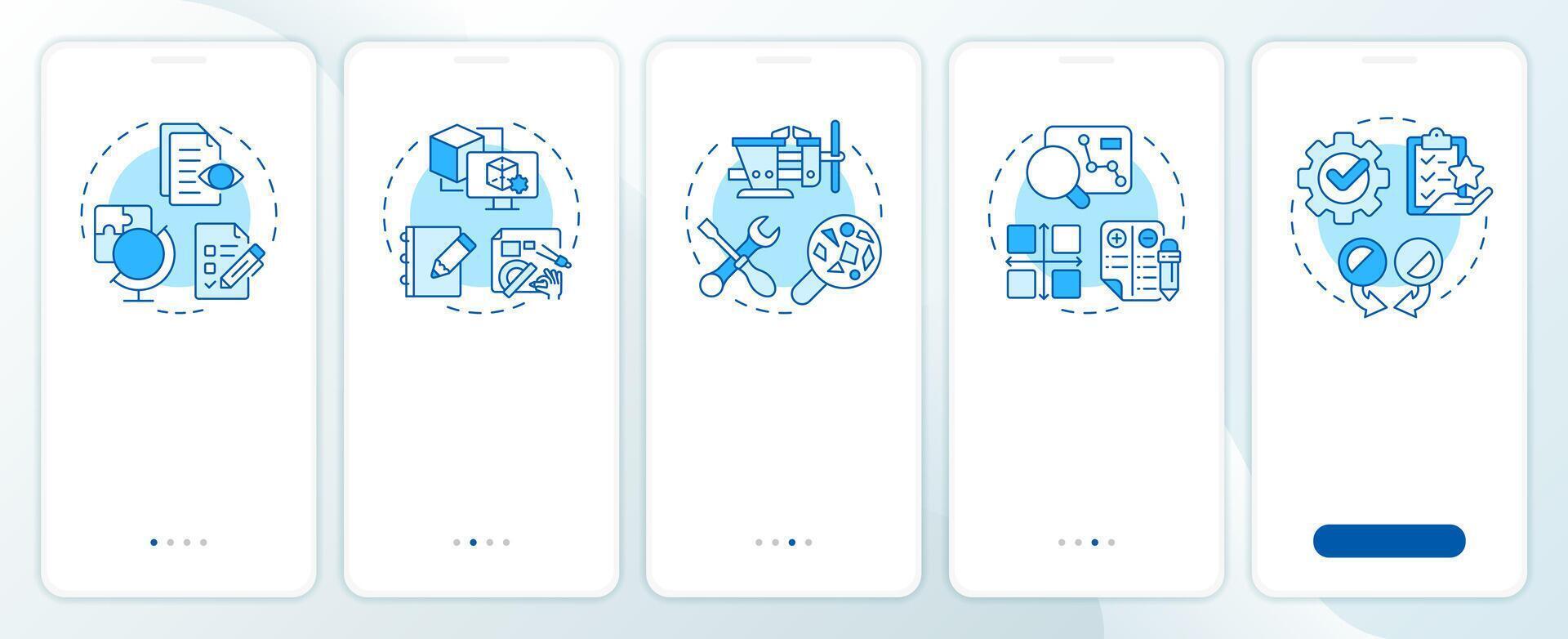 Reverse engineering process blue onboarding mobile app screen. Walkthrough 5 steps editable graphic instructions with linear concepts. UI, UX, GUI template vector