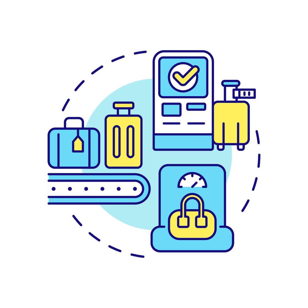 Baggage service multi color concept icon. Airplane travelling. Commercial flight, luggage management. Round shape line illustration. Abstract idea. Graphic design. Easy to use in infographic vector