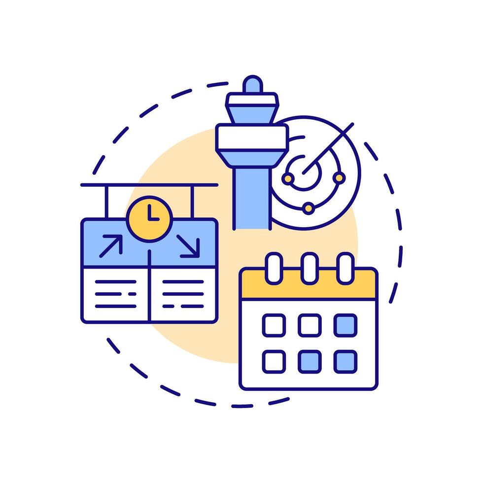 Flight scheduling multi color concept icon. Air traffic control, aviation. Airline system. Round shape line illustration. Abstract idea. Graphic design. Easy to use in infographic, presentation vector