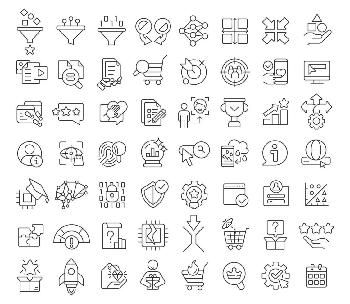 Recommender system linear icons set. Personalized advertising, service rating. Data organization. Customizable thin line symbols. Isolated outline illustrations. Editable stroke vector