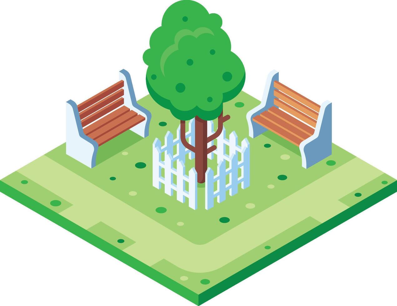 Two empty benches are inviting visitors to relax under the shade of a leafy tree surrounded by a white picket fence in an isometric city park, evoking feelings of tranquility and peace vector