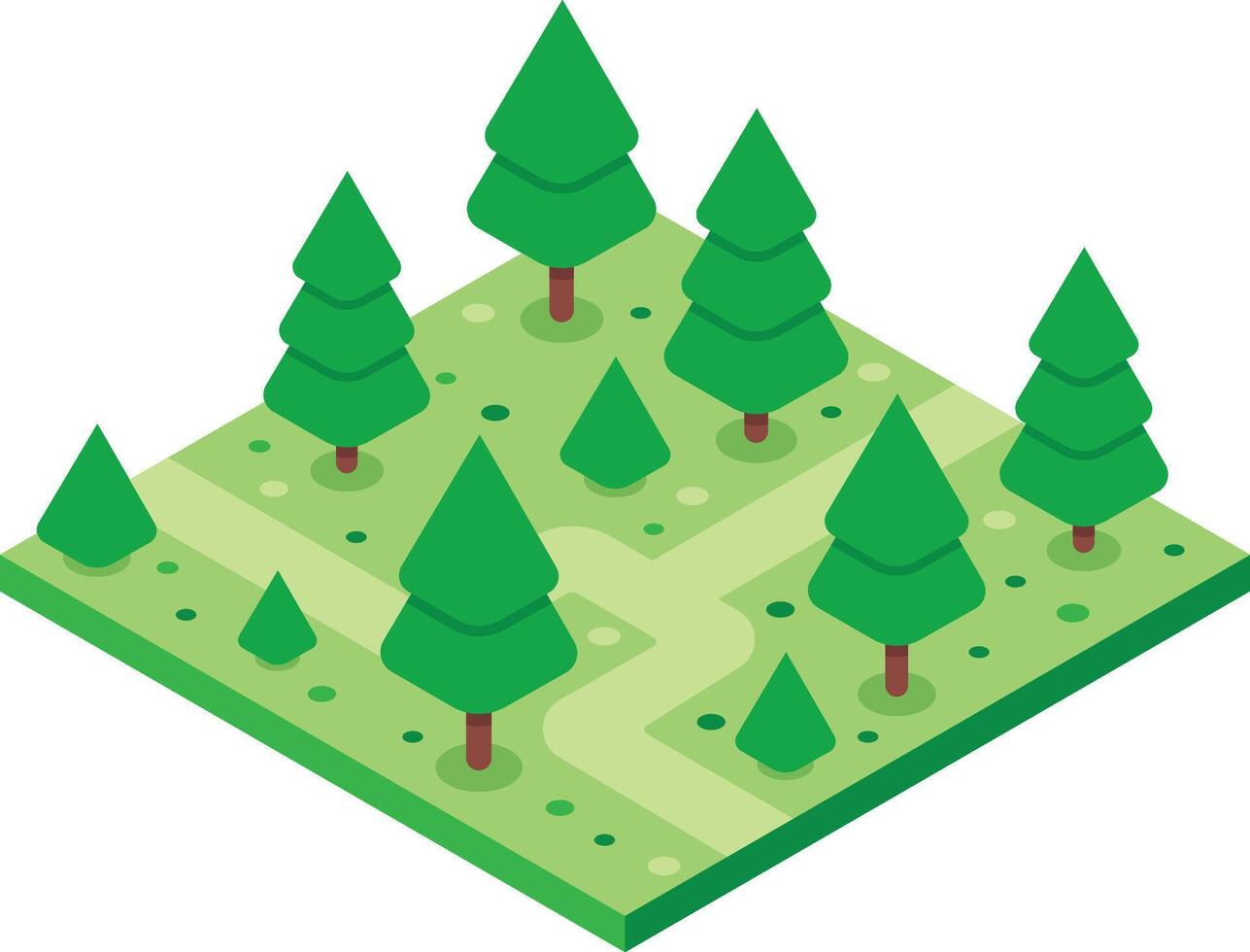 Lush green meadow with growing pine trees forming a serene forest landscape in isometric projection, ideal for environmental or nature related projects vector