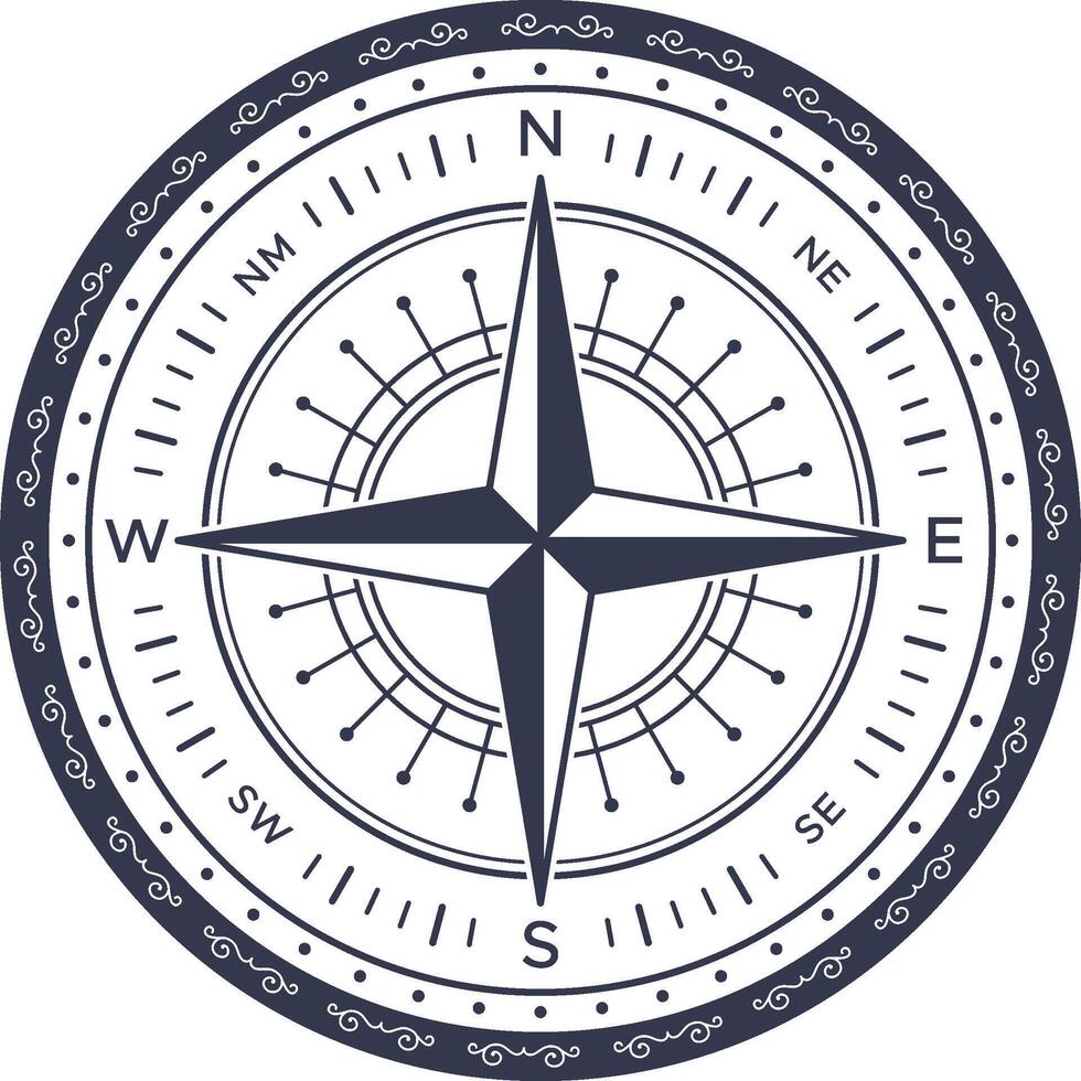 Detailed illustration of a vintage compass rose, including all cardinal directions and markings, with decorative border, providing a sense of adventure and exploration vector