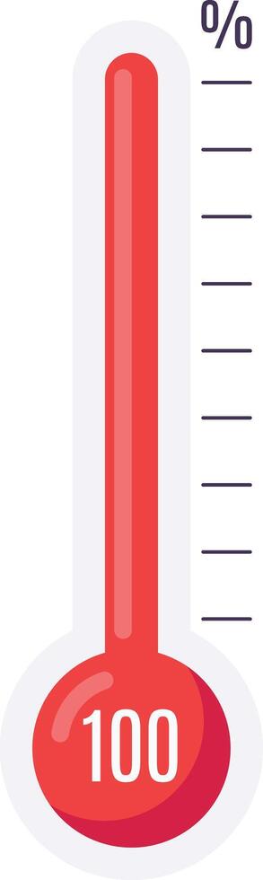 Thermometer reaching one hundred percent of its capacity, indicating maximum measurement, employing a red and white color scheme for visual representation vector