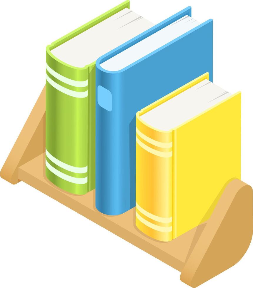 Three colorful books are standing upright on a small, simple wooden bookshelf, representing a modern and organized approach to library storage or personal book collections vector