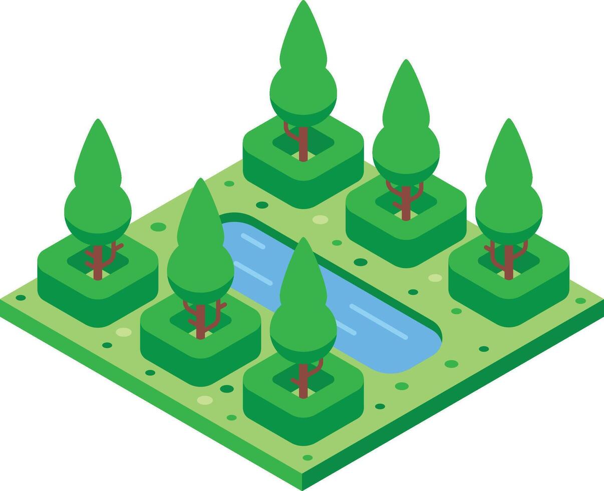 Green isometric parkland with trees and bushes growing around a small river flowing through, creating a peaceful and relaxing natural environment vector