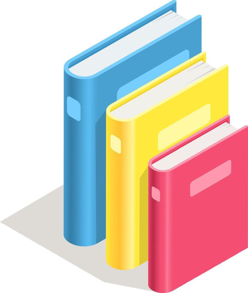Three colorful books, blue, yellow, and red, stand upright, casting a shadow, in an isometric view, symbolizing learning, knowledge, and the joy of reading vector