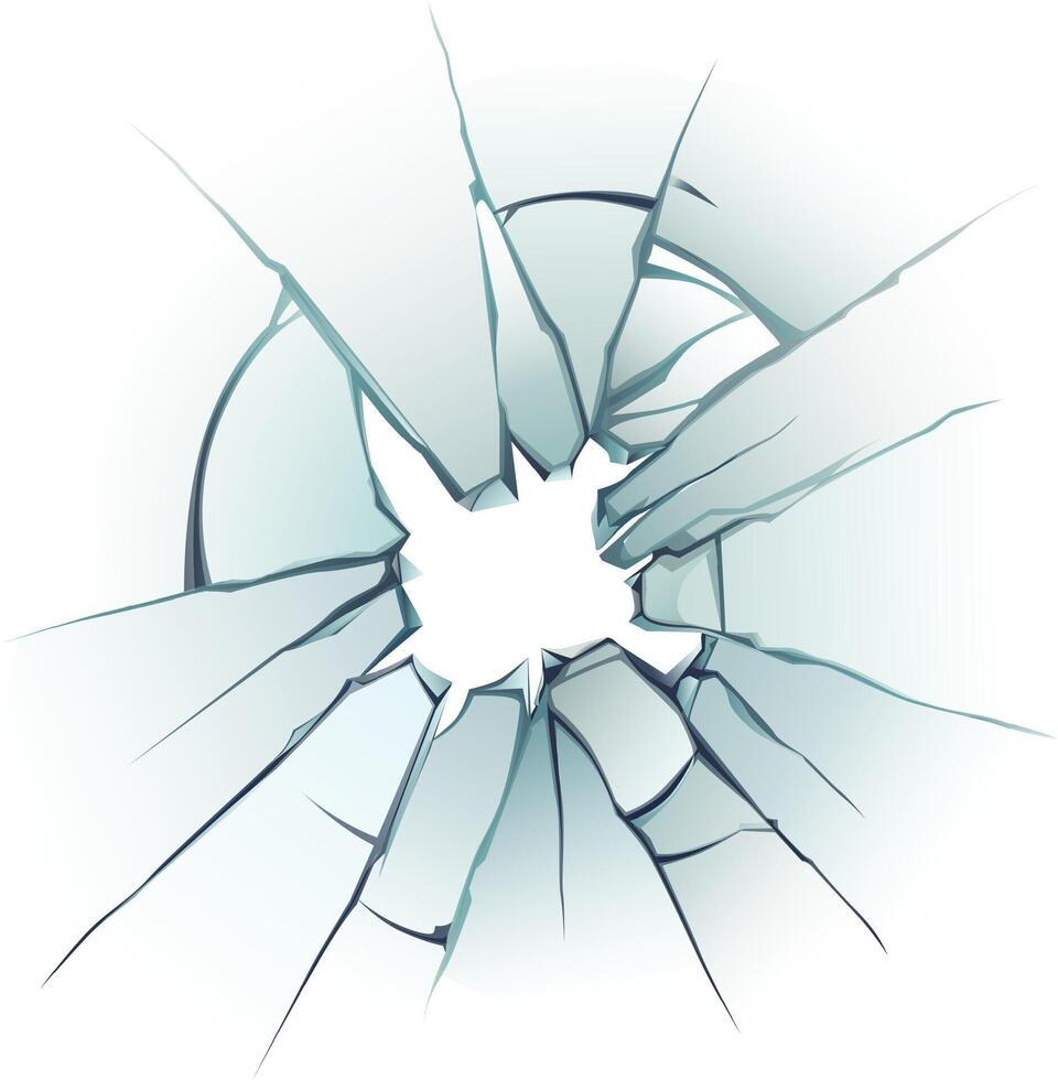 Shattered glass surface featuring radial cracks originating from a central hole, creating a visually striking damage effect on a clean white backdrop vector