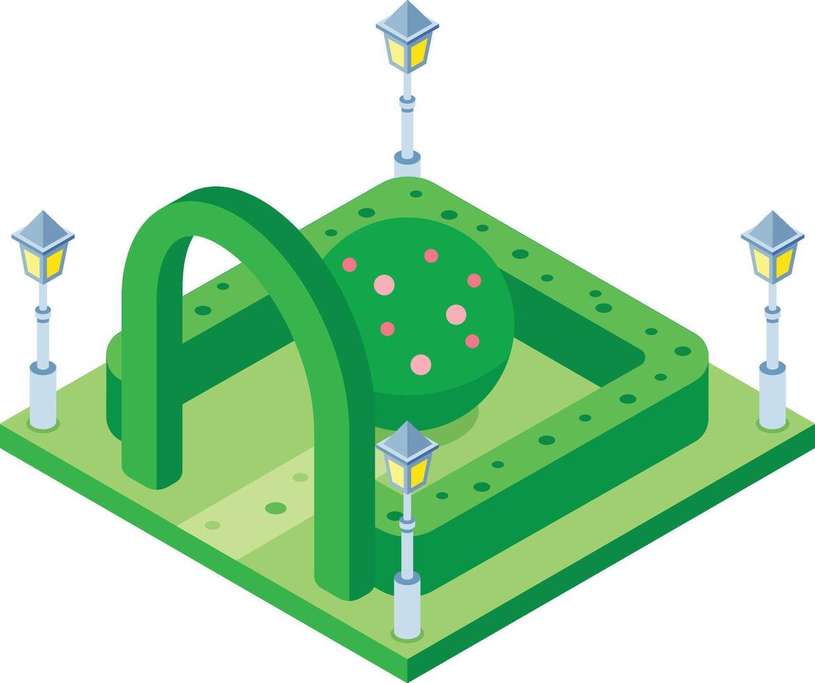 Green isometric city park with a decorative arch, a round hedge, four lampposts and a round flowering tree, representing urban landscape design and public recreation areas vector