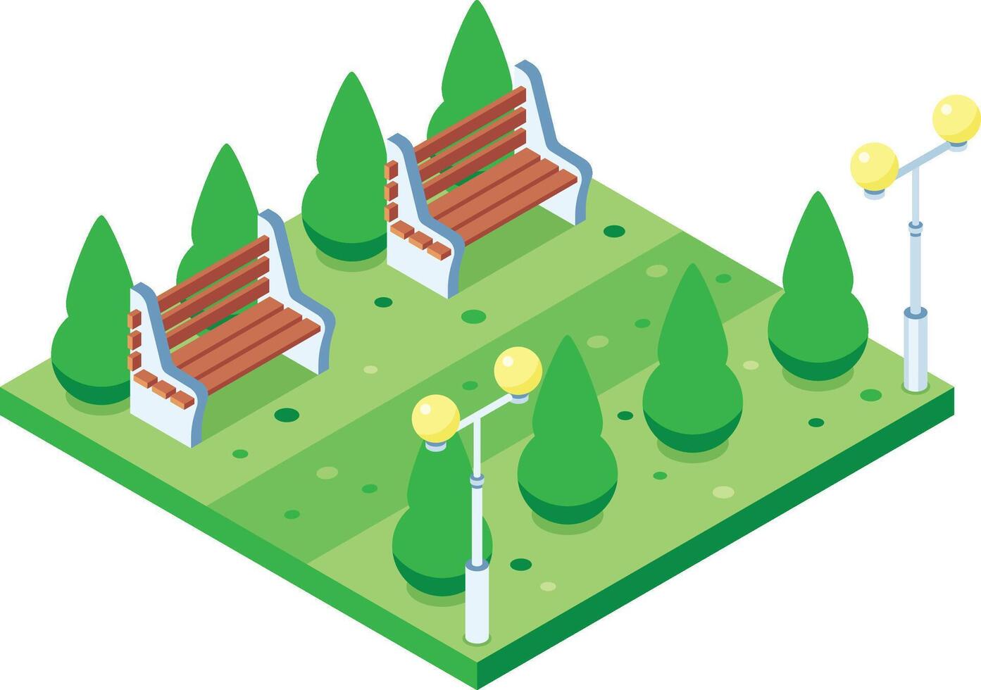Isometric city park scene featuring wooden benches, lush green trees, and modern street lamps, representing urban recreation and outdoor leisure spaces vector