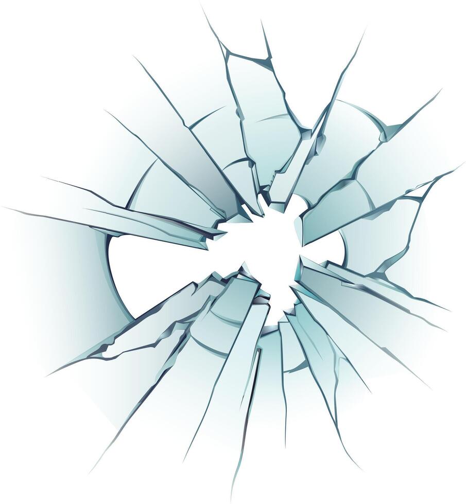 Cracks radiating outwards from a hole in a pane of glass, creating a dramatic visual of damage and breakage on a white background vector