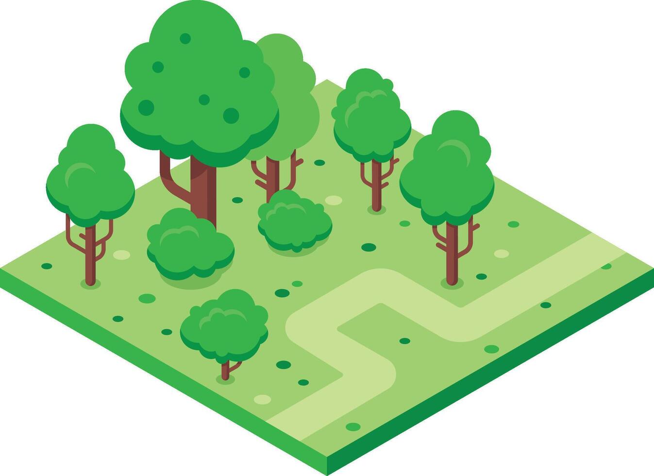 Vibrant isometric view captures a winding path meandering through a lush green park, dotted with various sizes of trees and bushes, creating a serene and inviting atmosphere vector