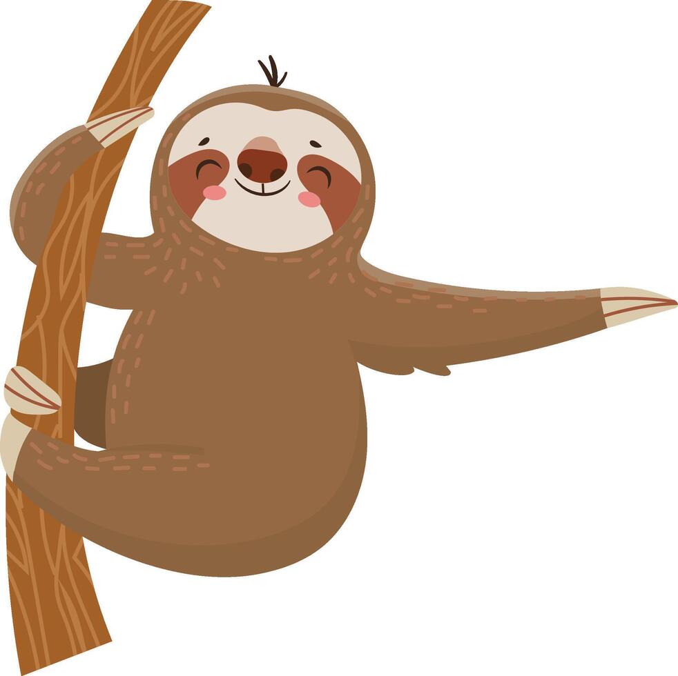 Cartoon illustration of a happy sloth hanging on a tree branch, smiling and extending one arm, isolated on a white background vector