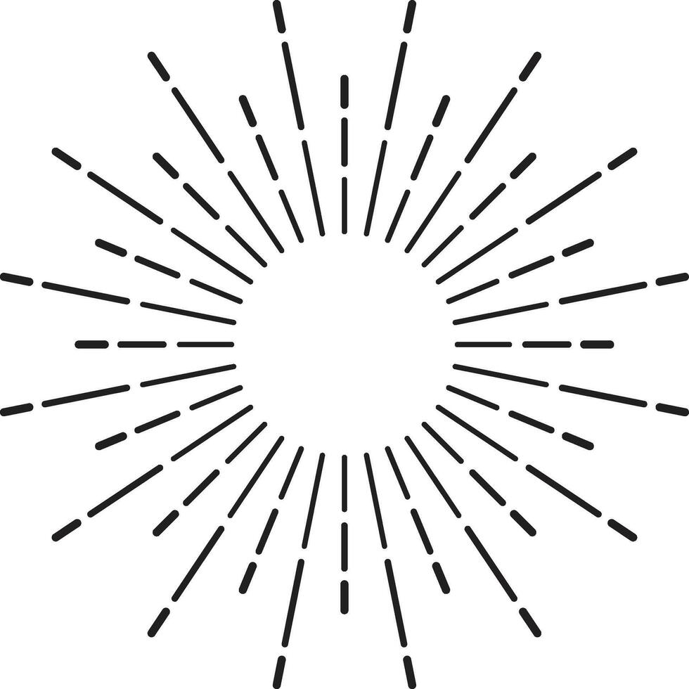 Black and white geometric sunburst design element radiating light beams from a central circle, creating a vintage or retro style vector